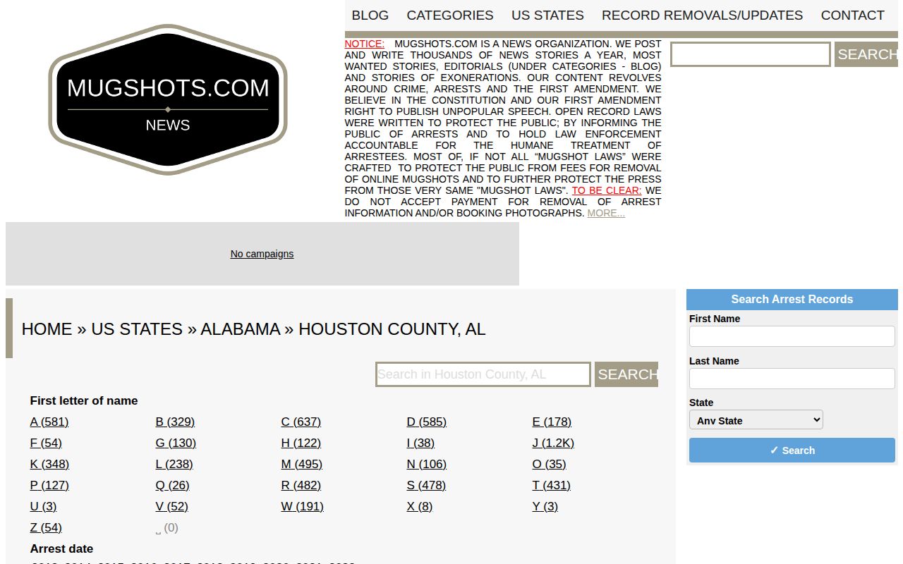 Houston County historical mugshot and arrest record archive