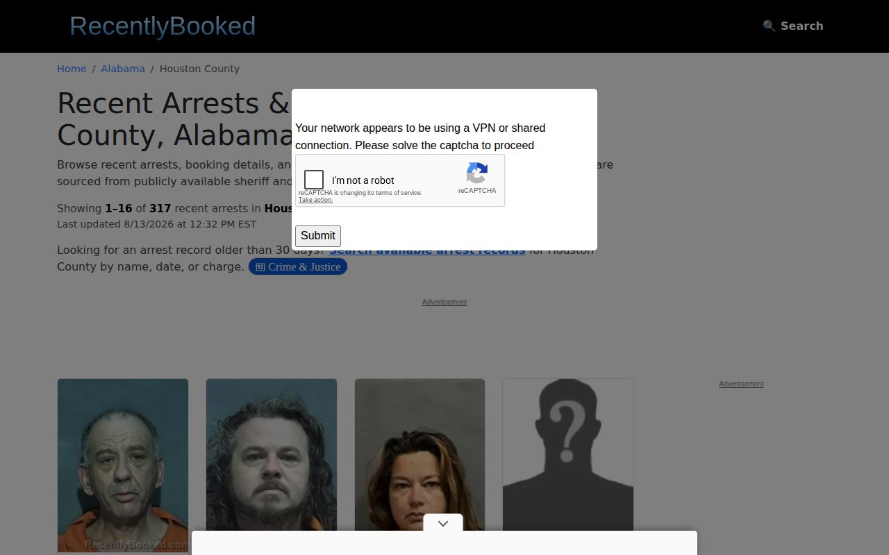 Houston County unofficial recent booking and mugshot archive