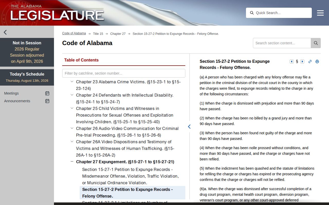 Alabama law governing Houston County arrest record expungement